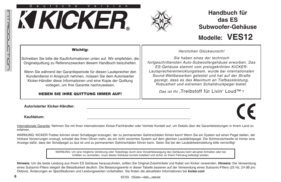 Ves12, Handbuch für das es subwoofer-gehäuse modelle, Treibstoff für livin' loud | Kicker VES12 User Manual | Page 6 / 10