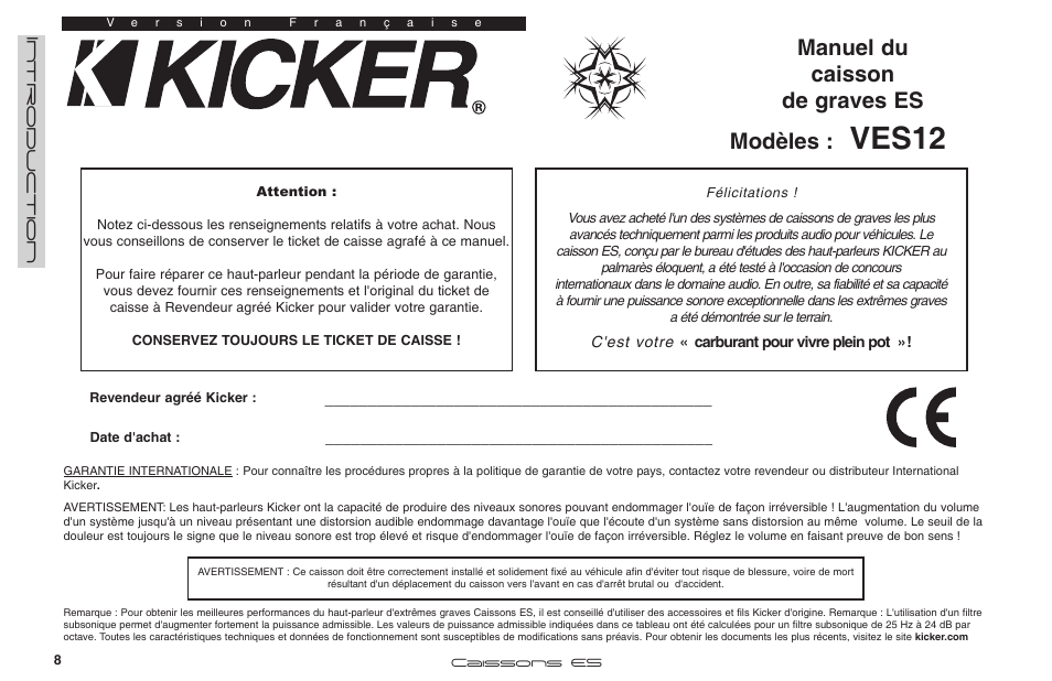 Ves12, Manuel du caisson de graves es modèles | Kicker VES12 User Manual | Page 8 / 10
