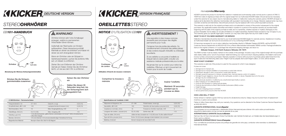 Oreillettes stereo, Stereo ohrhörer, Notice d’utilisation eb 101 | Avertissement, Version française, Eb 101-handbuch, Warnung, Deutsche version | Kicker EB101 User Manual | Page 2 / 2