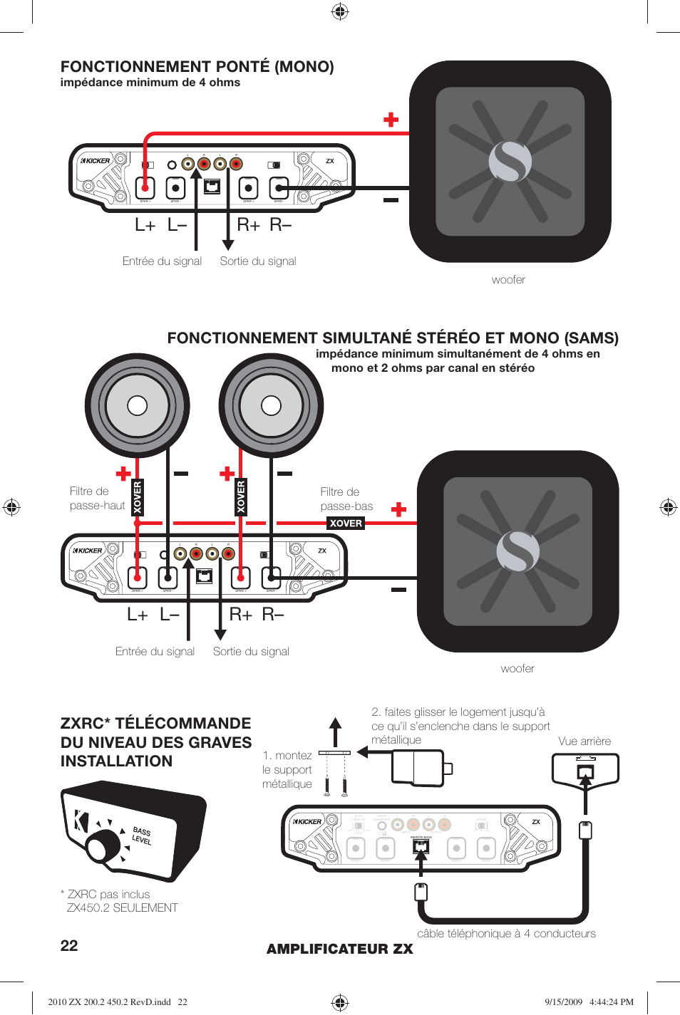 L+ l– r+ r, Fonctionnement ponté (mono), Fonctionnement simultané stéréo et mono (sams) | Amplificateur zx, Impédance minimum de 4 ohms | Kicker ZX200.2 User Manual | Page 22 / 28