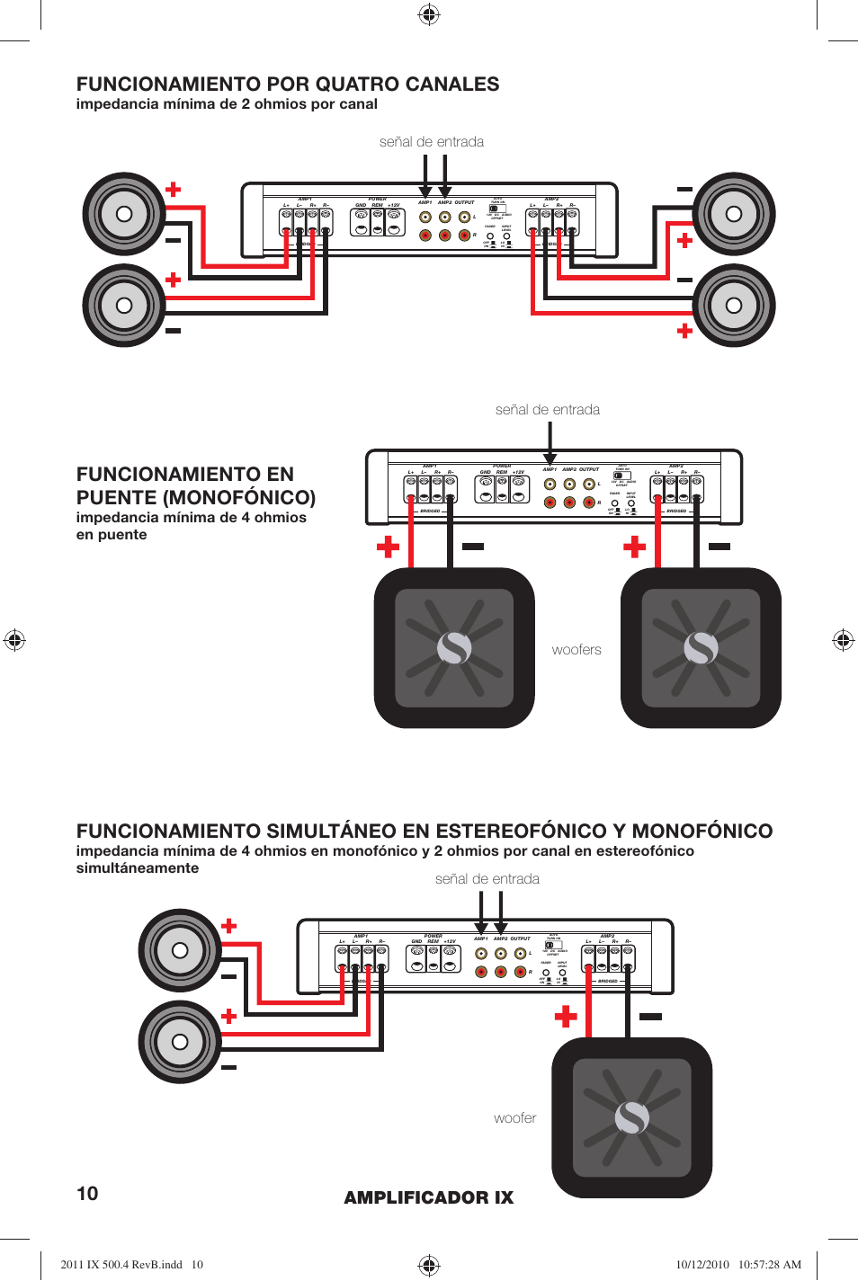 Funcionamiento por quatro canales, Funcionamiento en puente (monofónico), Amplificador ix | Woofers woofer, Señal de entrada, Impedancia mínima de 2 ohmios por canal, Impedancia mínima de 4 ohmios en puente | Kicker IX500.4 User Manual | Page 10 / 28