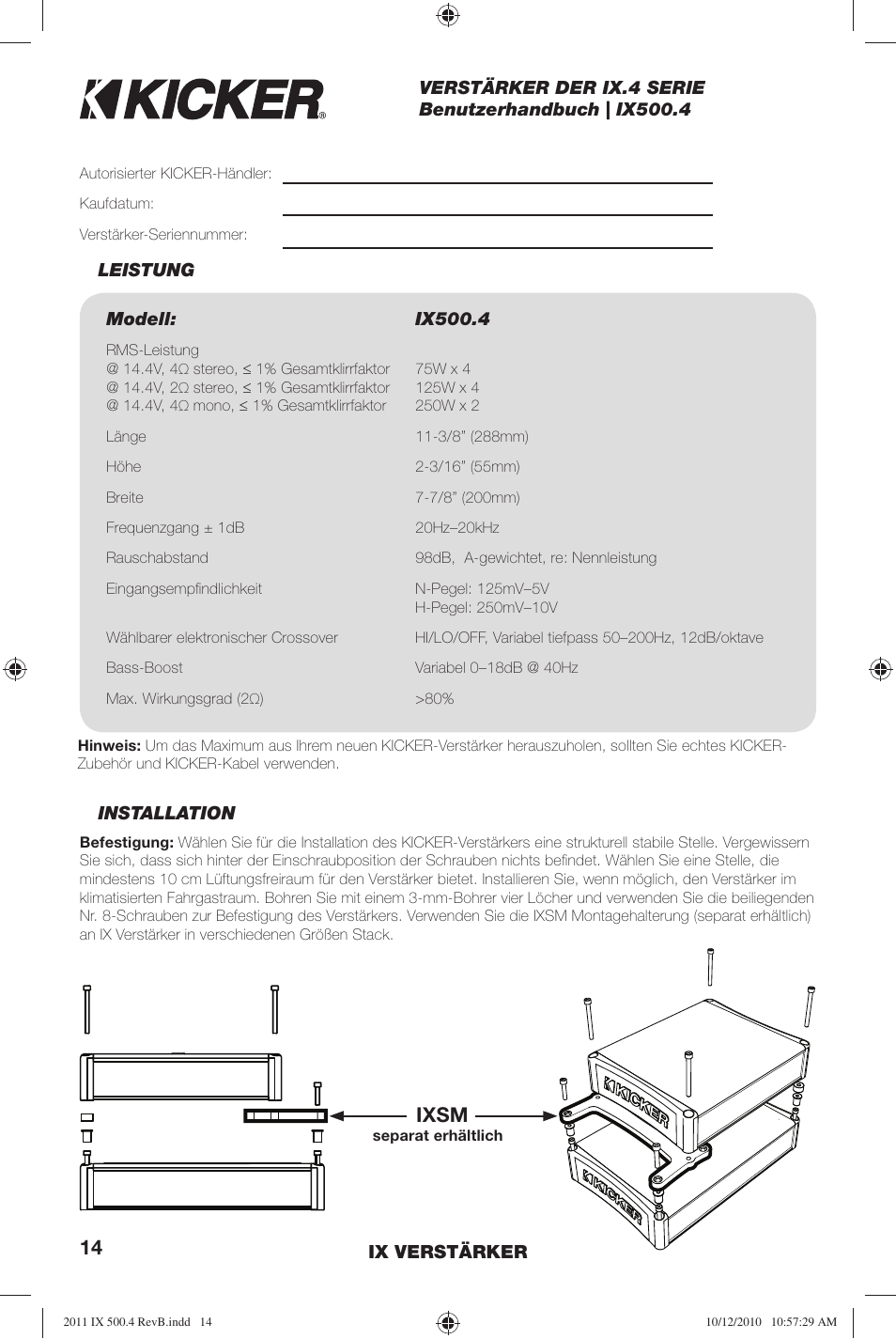 Ixsm | Kicker IX500.4 User Manual | Page 14 / 28