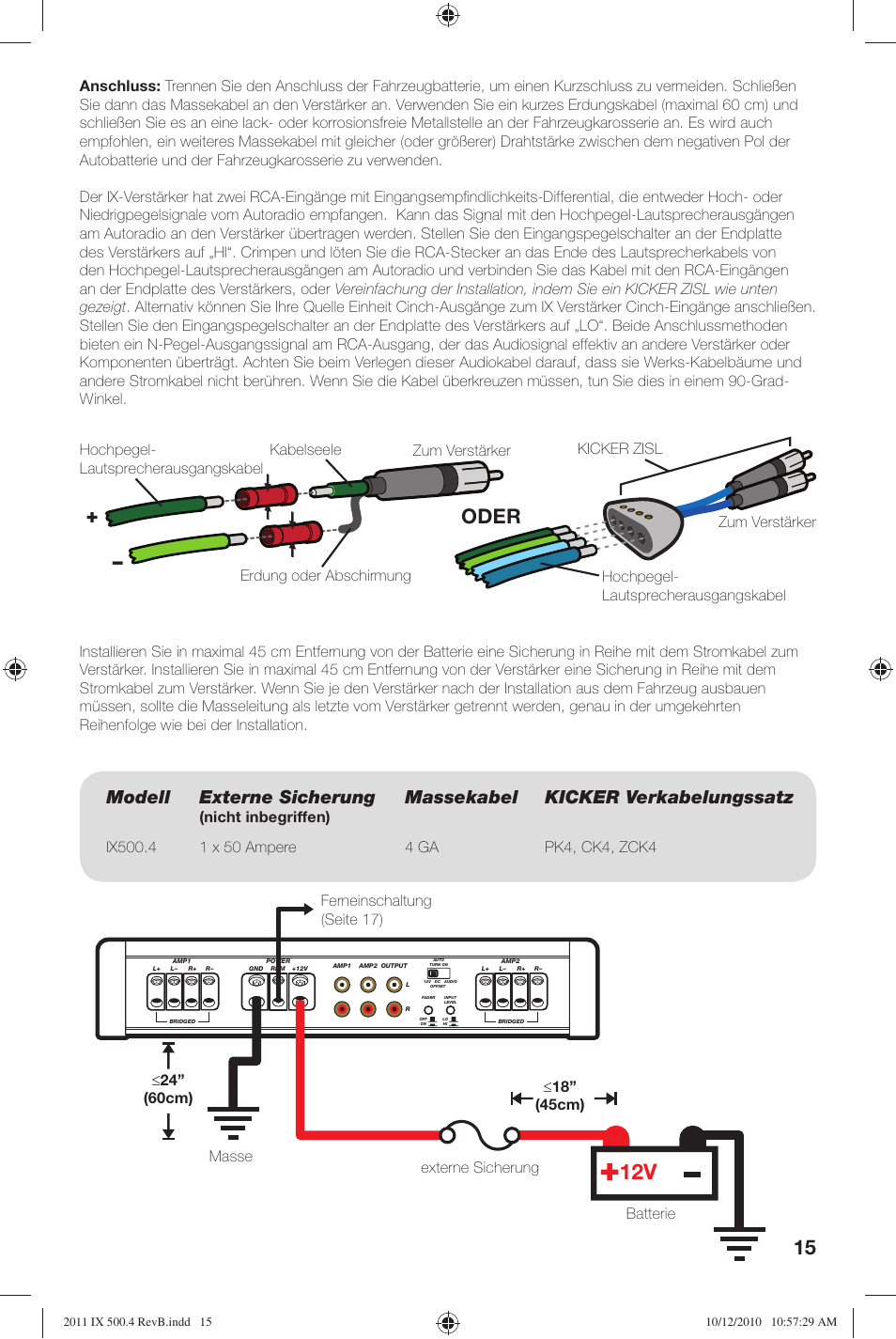 Oder, Modell externe sicherung, Massekabel kicker verkabelungssatz | Nicht inbegriffen) | Kicker IX500.4 User Manual | Page 15 / 28