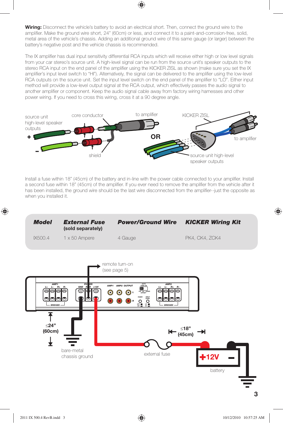 Model external fuse, Power/ground wire kicker wiring kit, Sold separately) | Kicker IX500.4 User Manual | Page 3 / 28