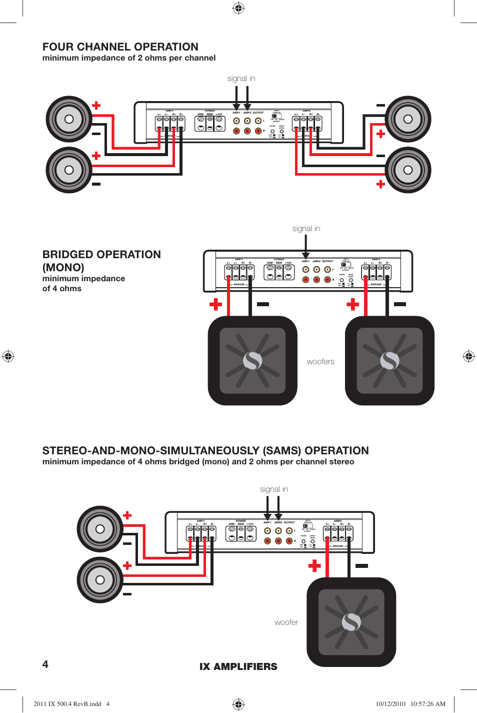 Bridged operation (mono), Four channel operation, Stereo-and-mono-simultaneously (sams) operation | Ix amplifiers, Minimum impedance of 4 ohms woofers woofer, Minimum impedance of 2 ohms per channel | Kicker IX500.4 User Manual | Page 4 / 28