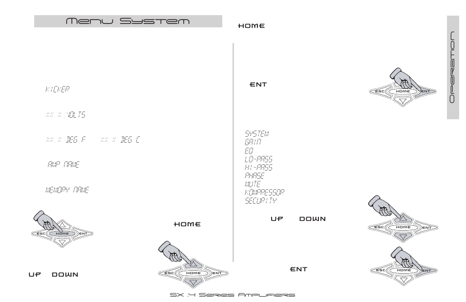 Kicker, Xx.x volts, Xx.x deg f | Xx.x deg c, Amp name, Menu system | Kicker SX900.4 User Manual | Page 15 / 40
