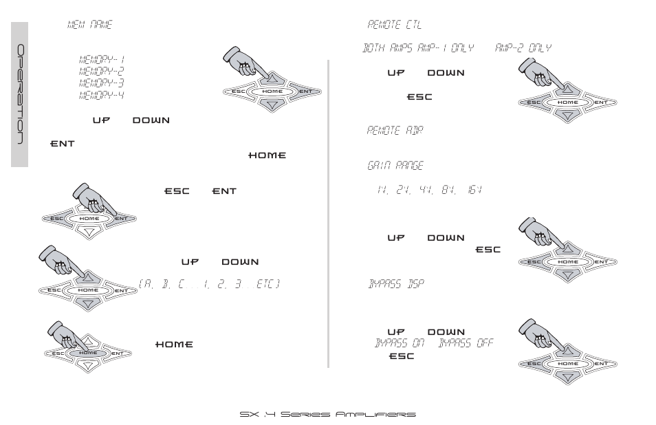 Mem name, A, b, c , 2, 3...etc), Remote ctl | Both amps, Amp-1 only, Amp-2 only, Remote adr, Gain range, Bypass dsp, Bypass on | Kicker SX900.4 User Manual | Page 18 / 40