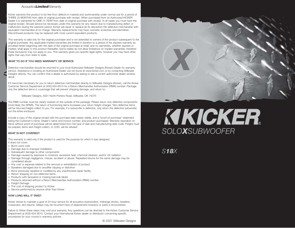 Kicker S18X User Manual | 4 pages