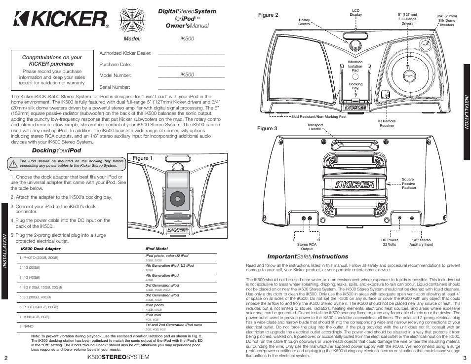 Docking your ipod, Digital stereo system for ipod, Owner’s manual | Ik500 stereo system 3, Important safety instructions | Kicker IKIKICKDIGITALSTEREOSYSTEMFORIPOD IK500 User Manual | Page 2 / 4