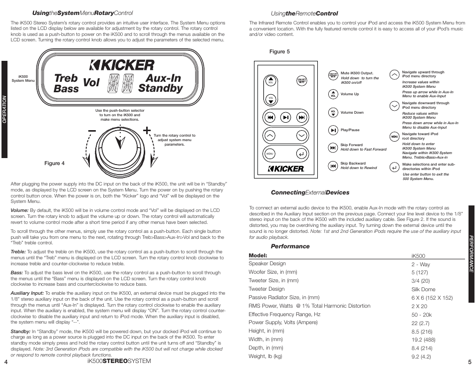 Treb bass, Aux-in standby | Kicker IKIKICKDIGITALSTEREOSYSTEMFORIPOD IK500 User Manual | Page 3 / 4