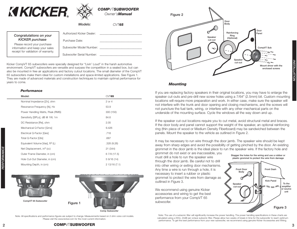 Comp vt subwoofer owner’s manual, Comp vt subwoofer 3, Mounting | Kicker CVT65 User Manual | Page 2 / 4