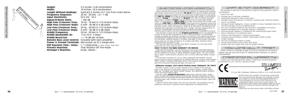 Warning | Kicker SX700.4 User Manual | Page 19 / 20