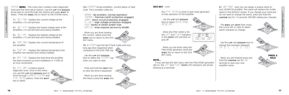 Pink noise, Noise on, Noise off | Left, Right, Amp name, A, b, c , 2, 3...etc), System, Volt now, Volt min | Kicker SX700.4 User Manual | Page 9 / 20
