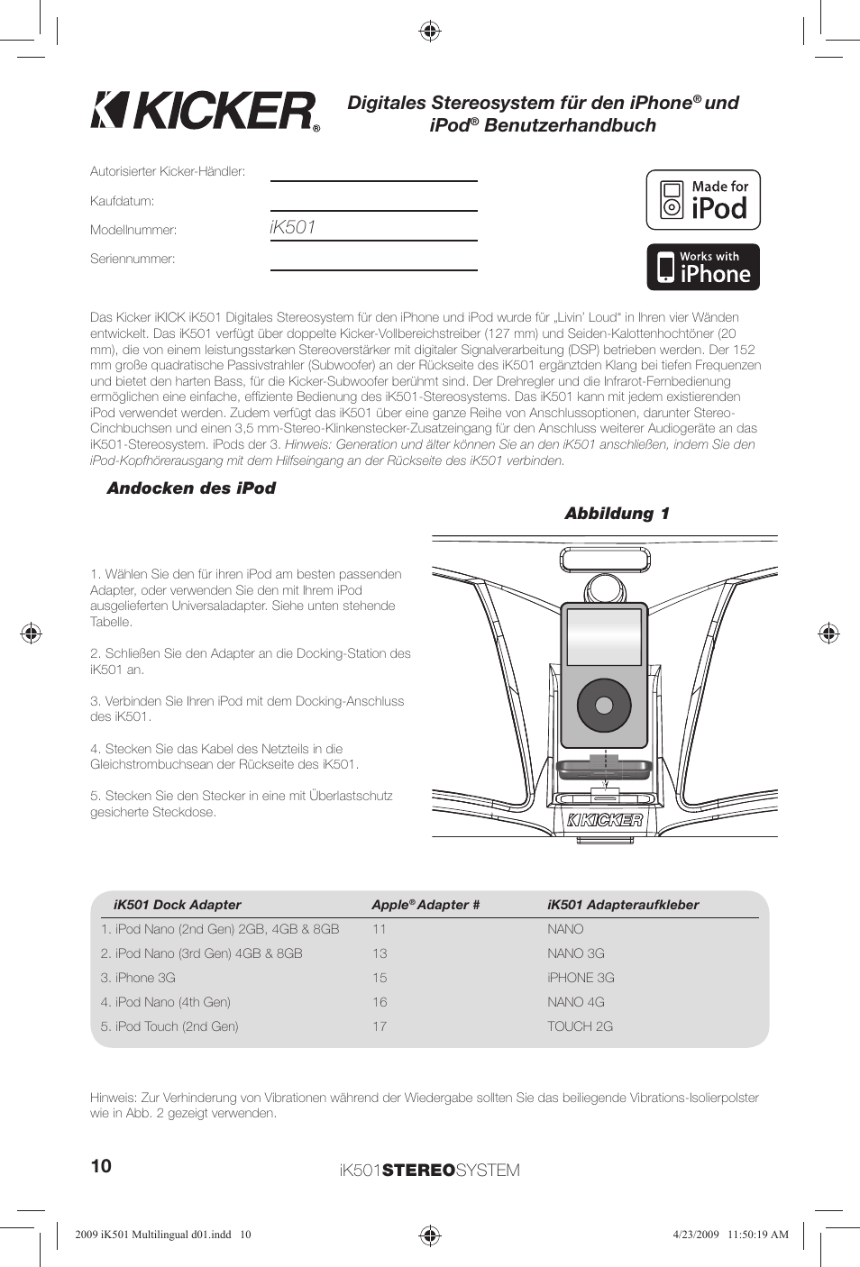 Digitales stereosystem für den iphone, Und ipod, Benutzerhandbuch | Ik501 | Kicker iKick iK501 User Manual | Page 10 / 20