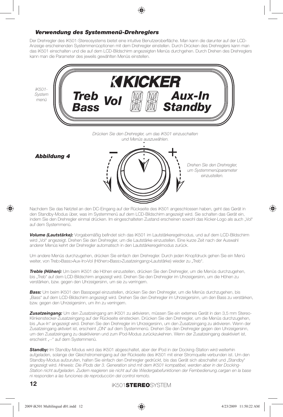Treb, Aux-in standby, Bass | Kicker iKick iK501 User Manual | Page 12 / 20