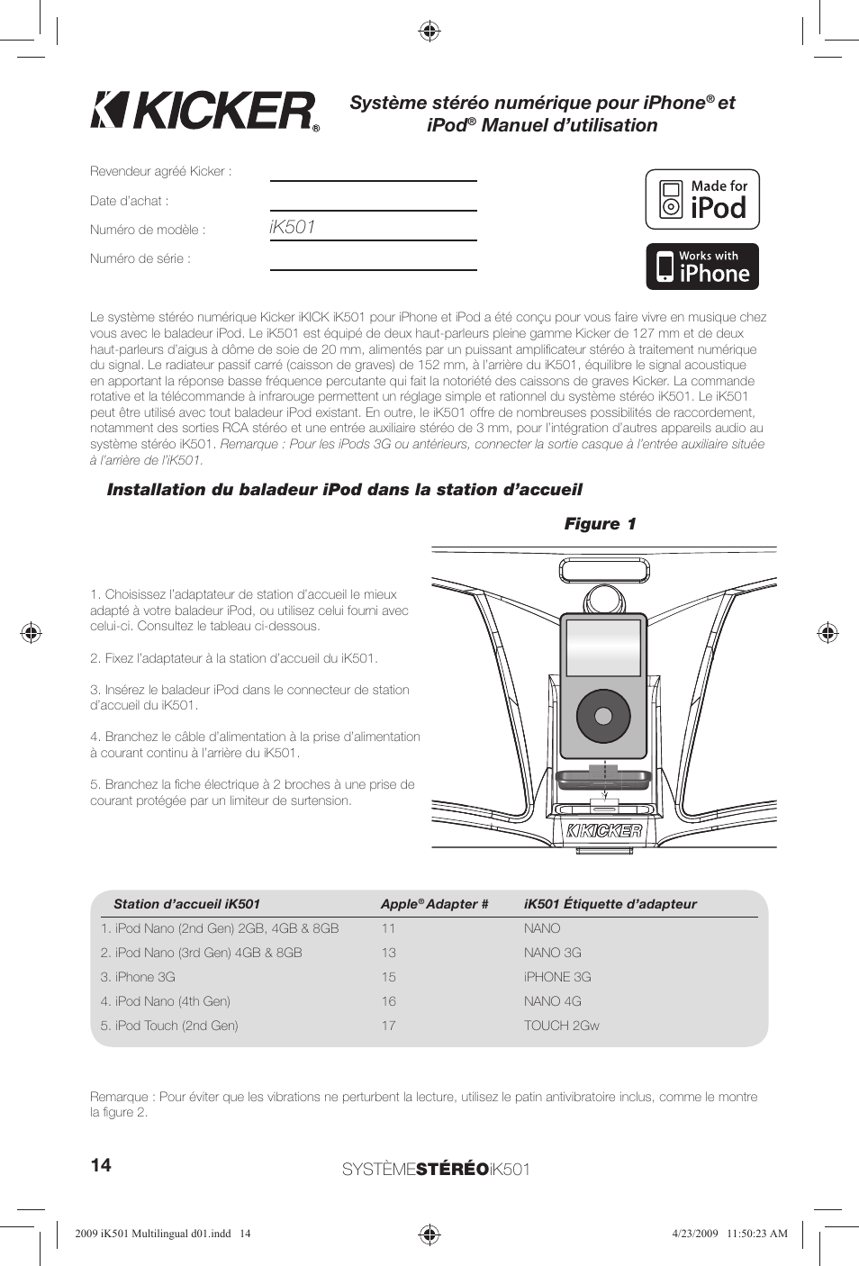 Système stéréo numérique pour iphone, Et ipod, Manuel d’utilisation | Ik501 | Kicker iKick iK501 User Manual | Page 14 / 20