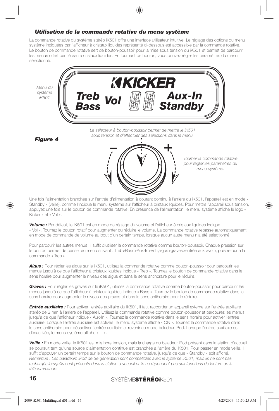 Treb, Aux-in standby, Bass | Kicker iKick iK501 User Manual | Page 16 / 20