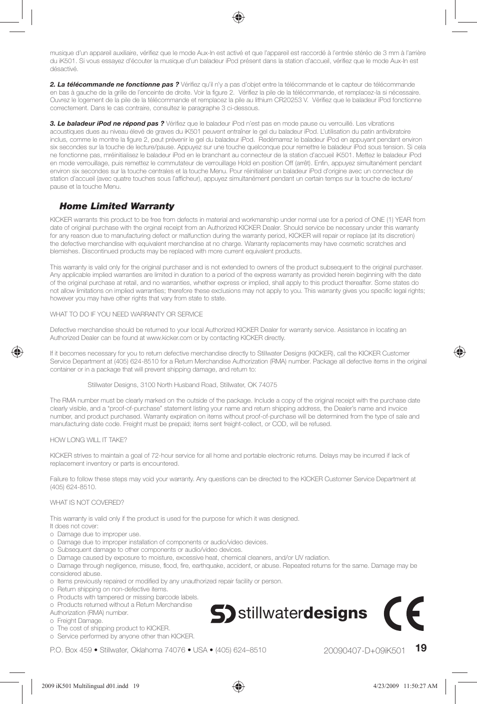 Stillwater designs, Home limited warranty | Kicker iKick iK501 User Manual | Page 19 / 20