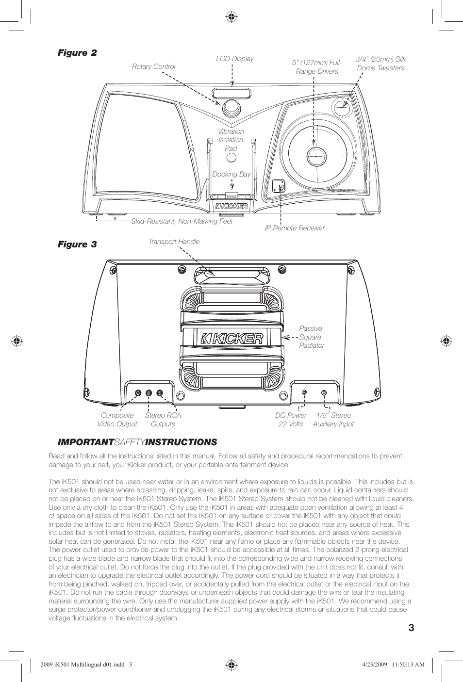 Important safety instructions, Figure 2 figure 3 | Kicker iKick iK501 User Manual | Page 3 / 20