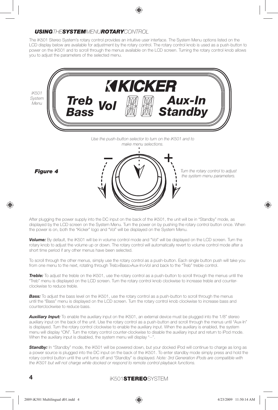Treb, Aux-in standby, Bass | Kicker iKick iK501 User Manual | Page 4 / 20
