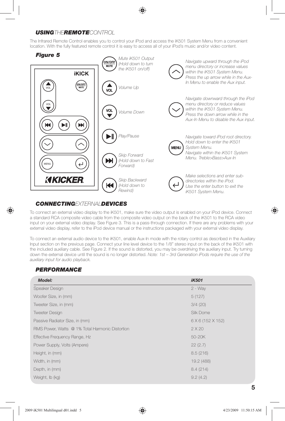 Figure 5 using the remote control, Ikick connecting external devices, Performance | Kicker iKick iK501 User Manual | Page 5 / 20