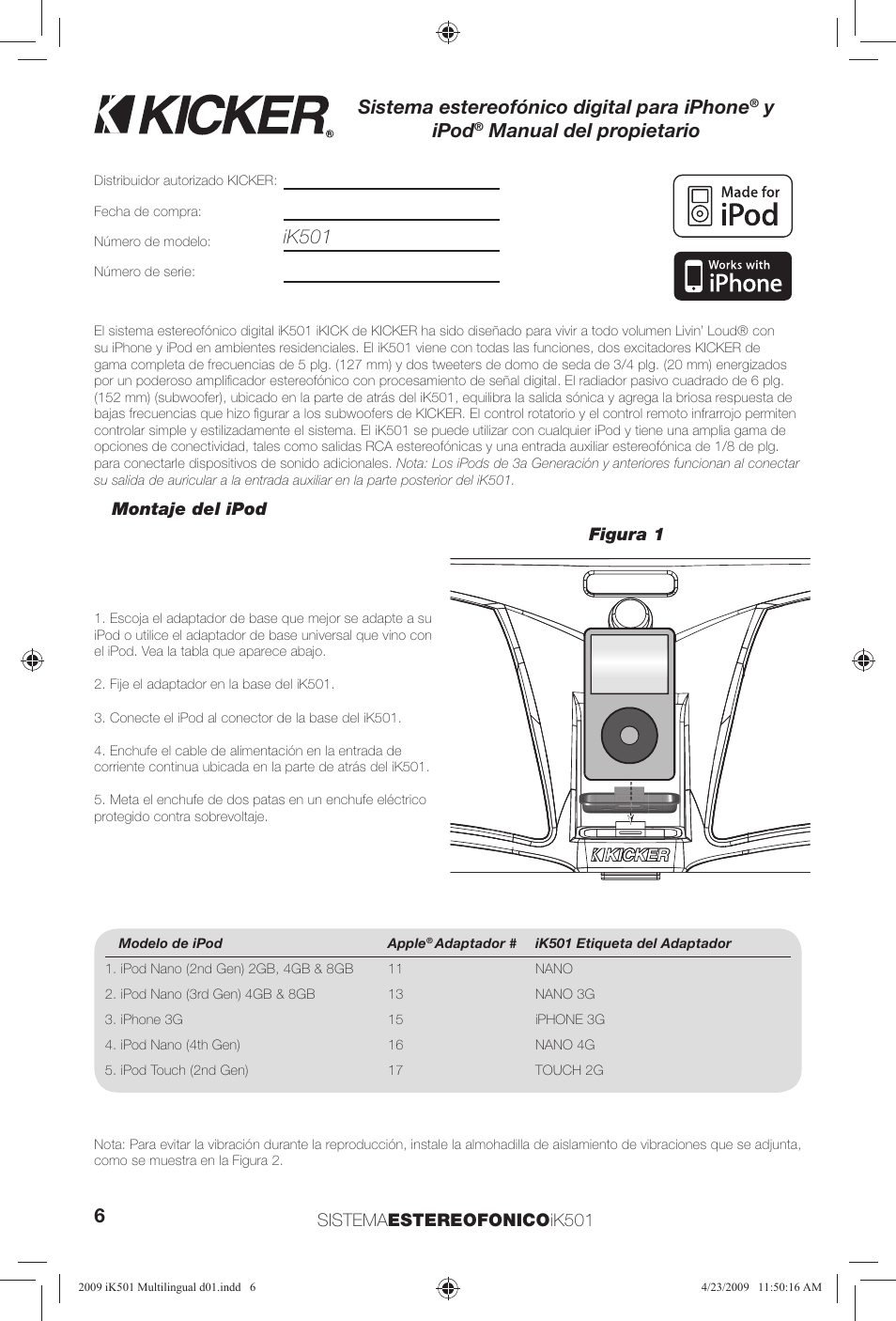 Sistema estereofónico digital para iphone, Yipod, Manual del propietario | Ik501 | Kicker iKick iK501 User Manual | Page 6 / 20
