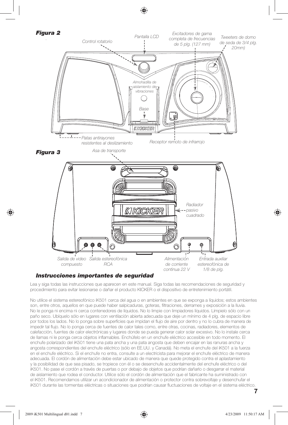 Instrucciones importantes de seguridad, Figura 2 figura 3 | Kicker iKick iK501 User Manual | Page 7 / 20