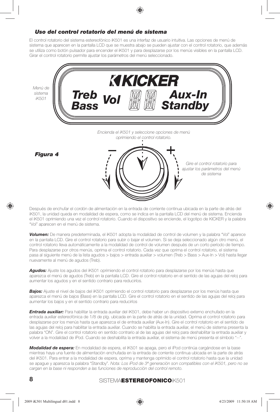 Treb, Aux-in standby, Bass | Kicker iKick iK501 User Manual | Page 8 / 20