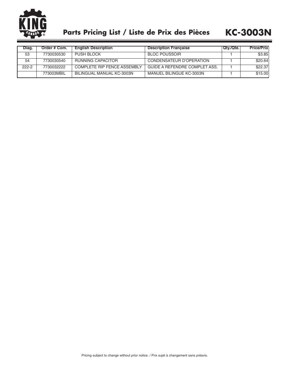 Kc-3003n, Parts pricing list / liste de prix des pièces | King Canada KC-3003N User Manual | Page 3 / 3