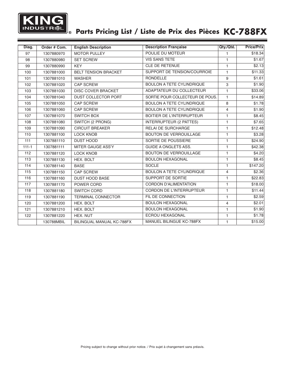 Kc-788fx, Parts pricing list / liste de prix des pièces | King Canada KC-788FX User Manual | Page 5 / 5