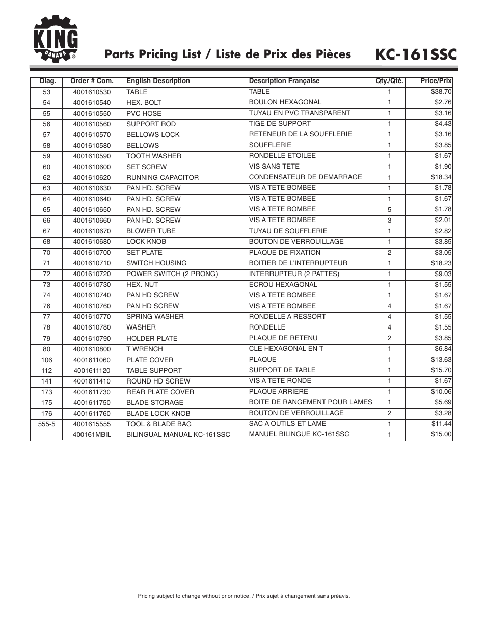 Kc-161ssc, Parts pricing list / liste de prix des pièces | King Canada KC-161SSC User Manual | Page 3 / 3