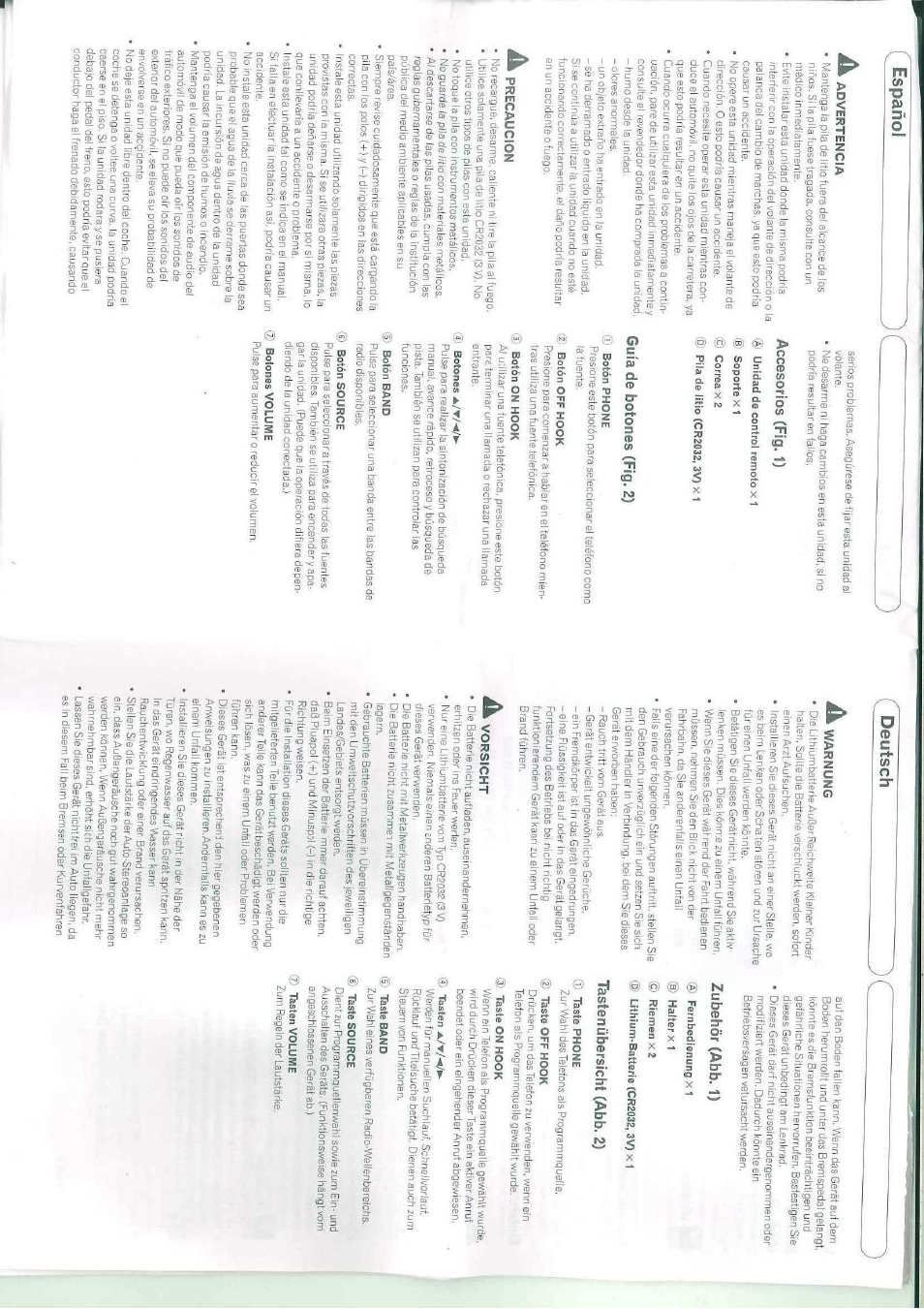 Accesorios (fig. 1), Guía de botones (fig. 2), Zubehör (abb. 1) | Tastenübersicht (abb. 2), Dc 3, Español, Deutsch | Pioneer CD-SR110 User Manual | Page 4 / 9