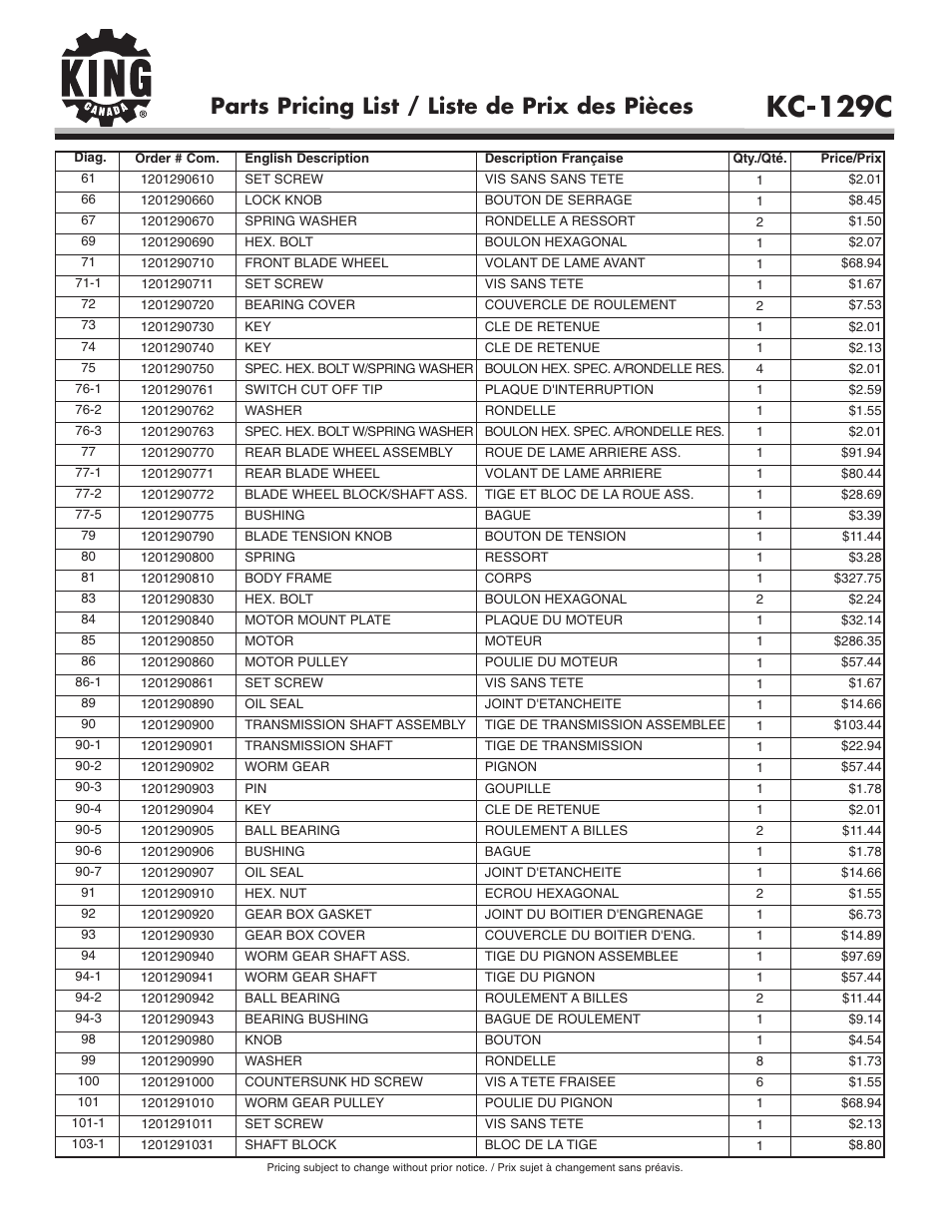 Kc-129c, Parts pricing list / liste de prix des pièces | King Canada KC-129C User Manual | Page 6 / 8