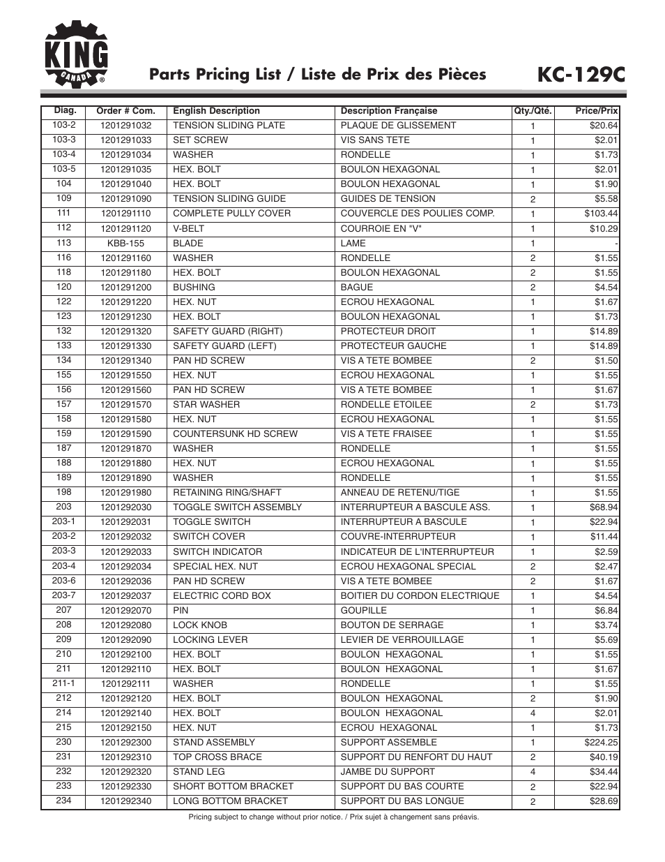 Kc-129c, Parts pricing list / liste de prix des pièces | King Canada KC-129C User Manual | Page 7 / 8