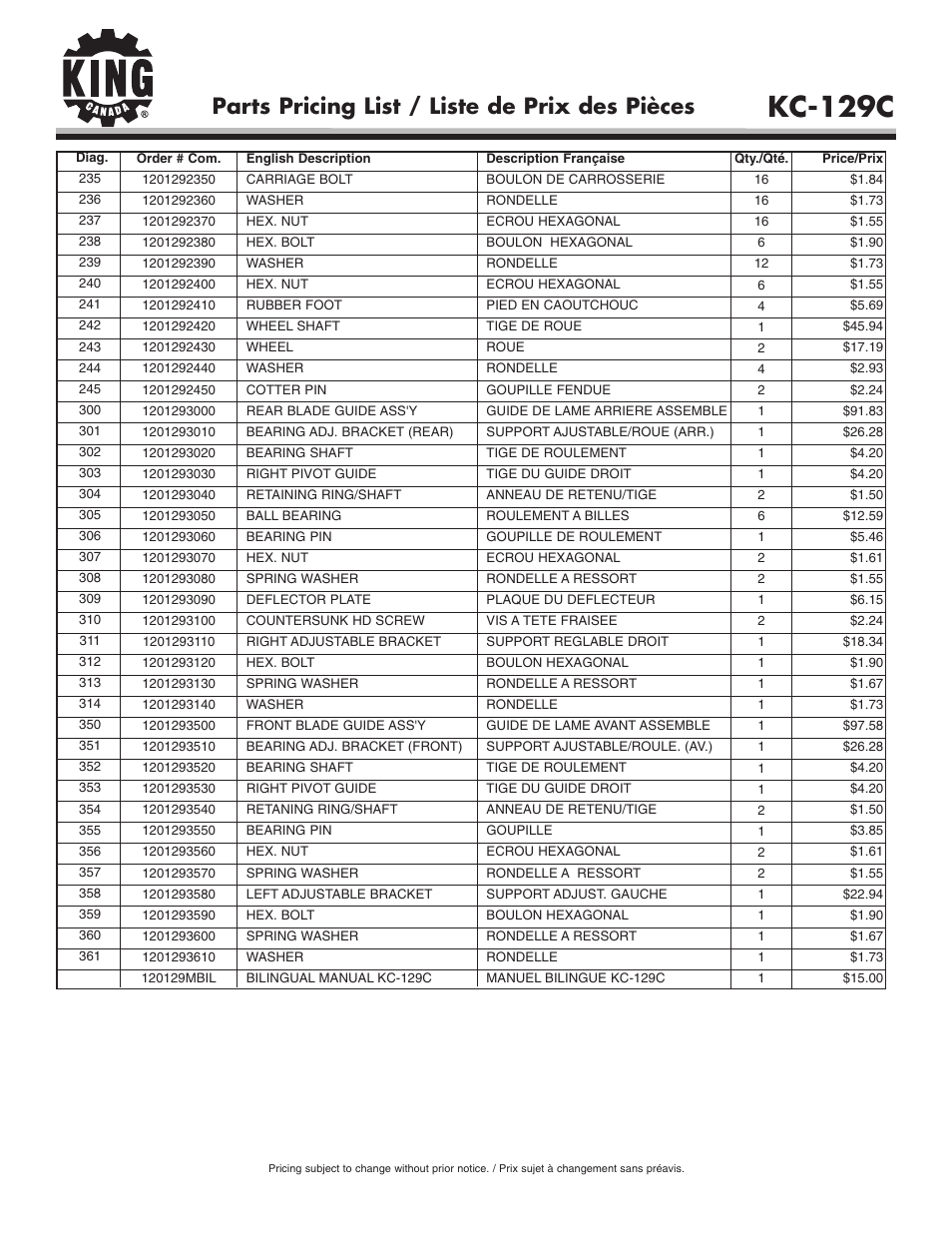 Kc-129c, Parts pricing list / liste de prix des pièces | King Canada KC-129C User Manual | Page 8 / 8