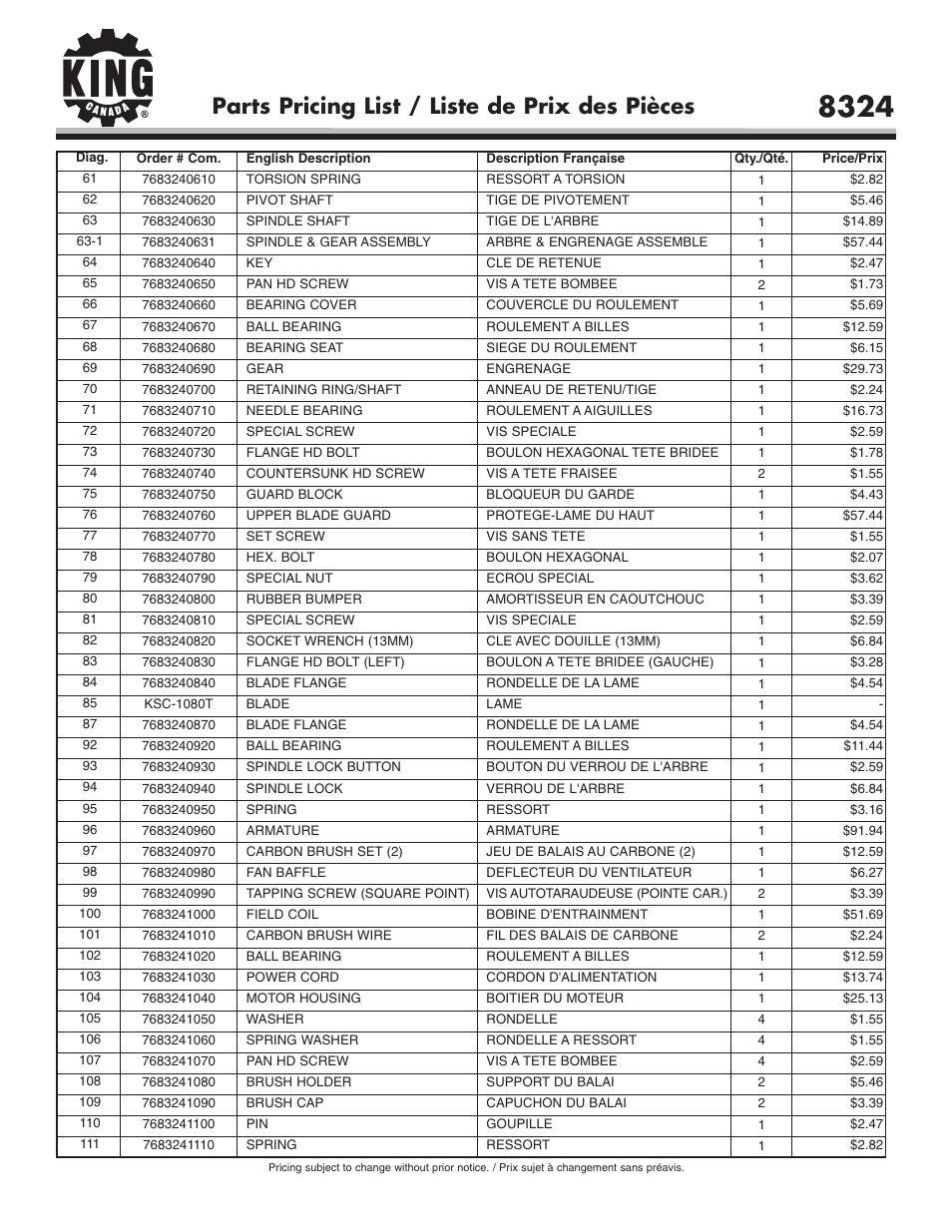 Parts pricing list / liste de prix des pièces | King Canada 8324 User Manual | Page 3 / 4