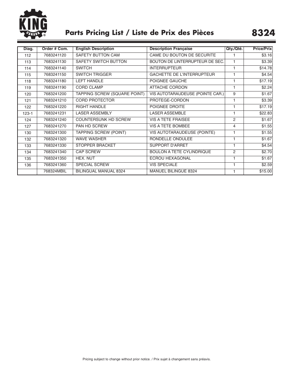 Parts pricing list / liste de prix des pièces | King Canada 8324 User Manual | Page 4 / 4
