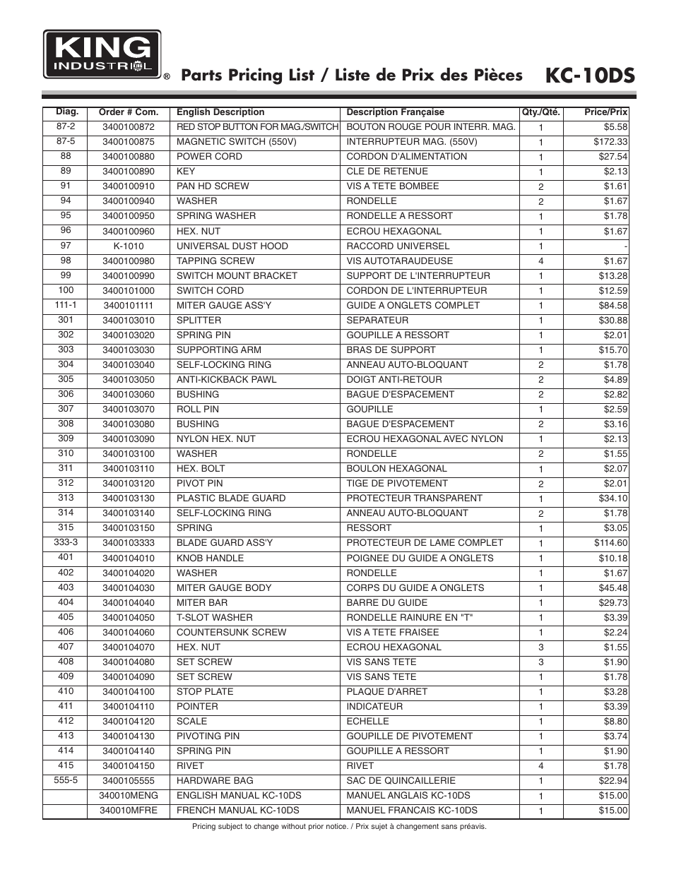 Kc-10ds, Parts pricing list / liste de prix des pièces | King Canada KC-10DS User Manual | Page 5 / 5
