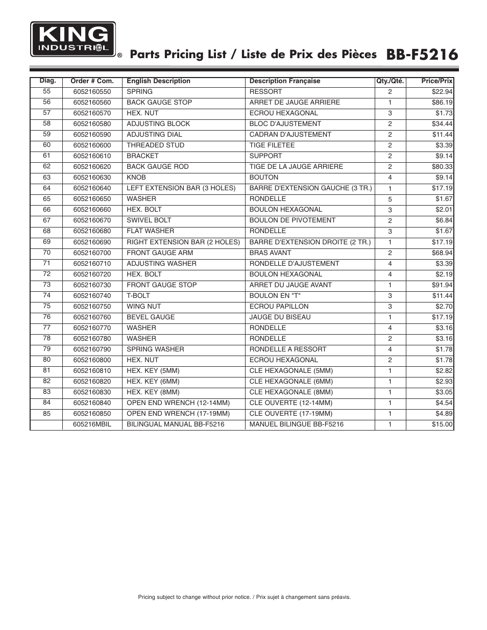 Bb-f5216, Parts pricing list / liste de prix des pièces | King Canada 52" Foot Shear BB-F5216 User Manual | Page 4 / 4