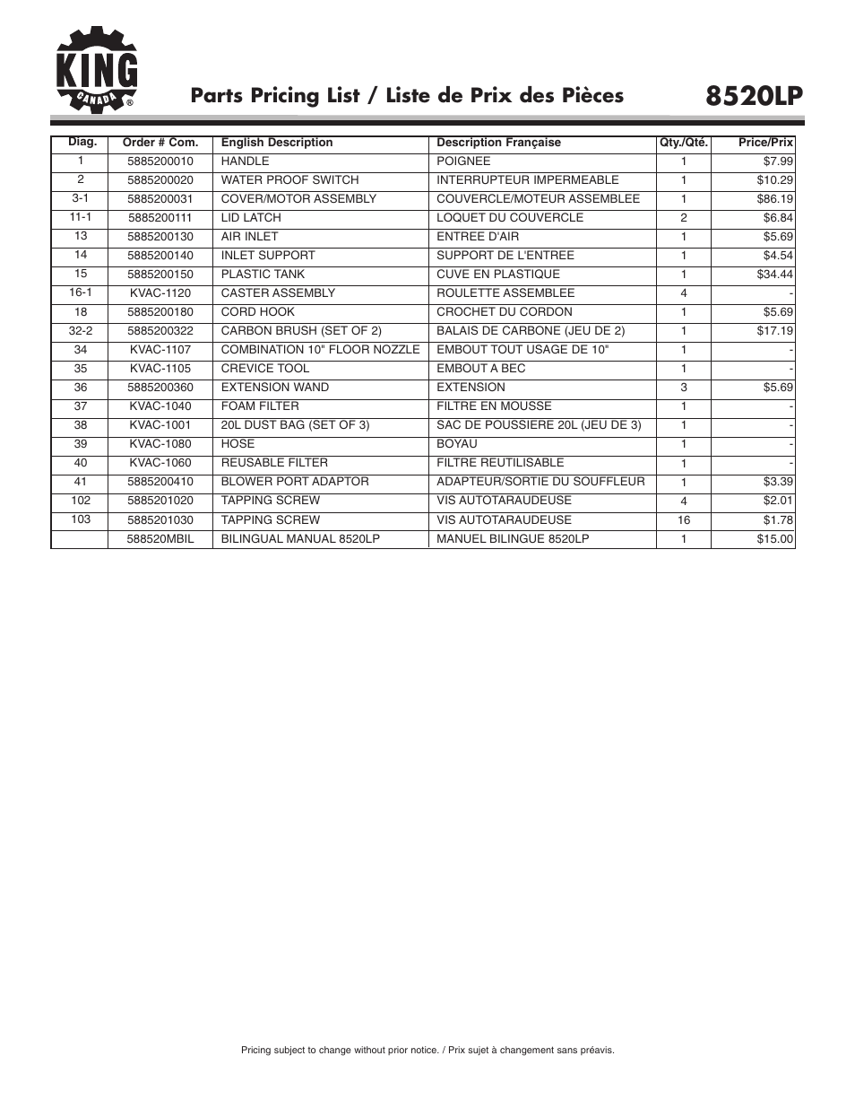 8520lp, Parts pricing list / liste de prix des pièces | King Canada 8520LP User Manual | Page 2 / 2