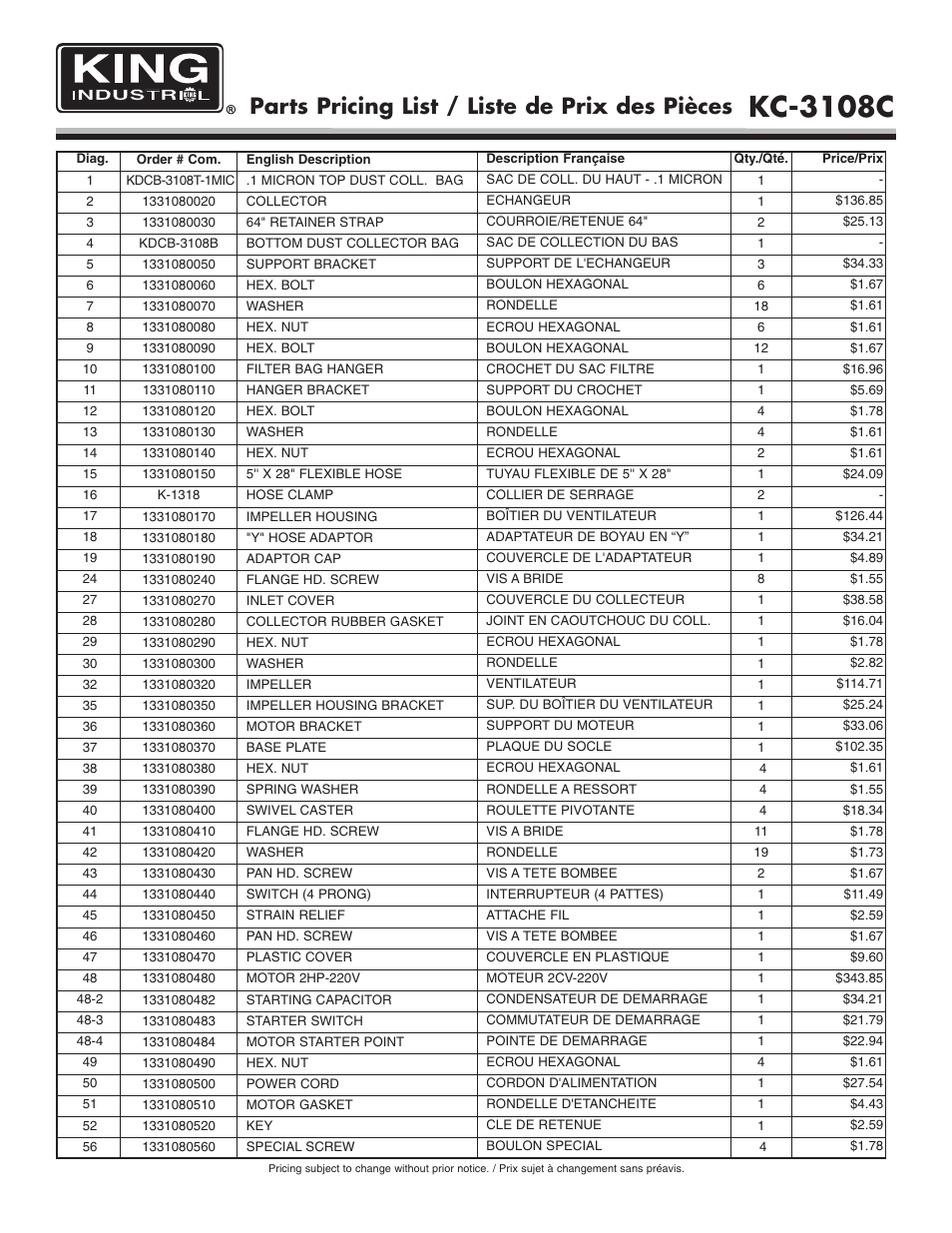 Kc-3108c, Parts pricing list / liste de prix des pièces | King Canada KC-3108C User Manual | Page 2 / 3