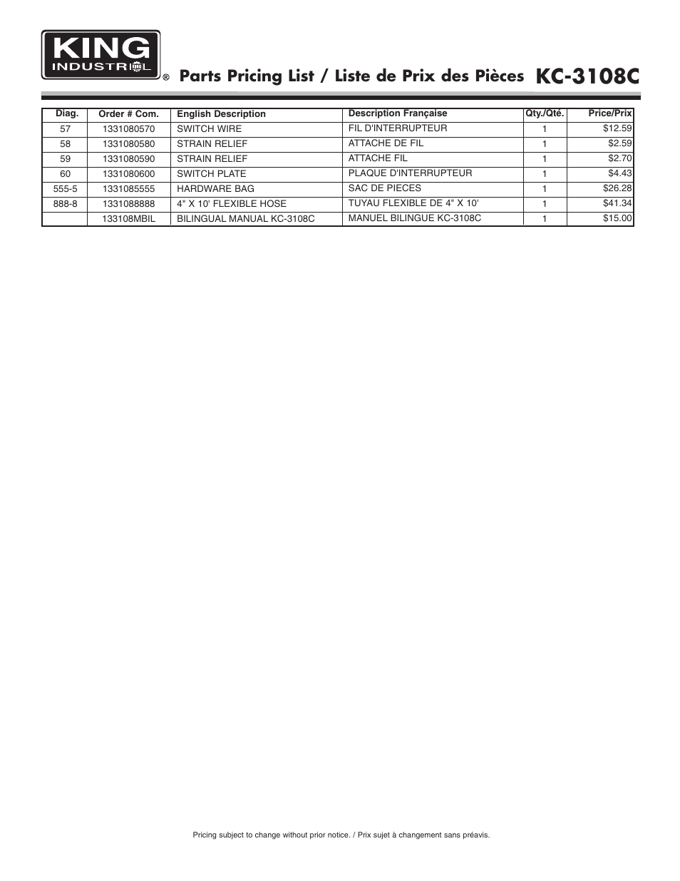 Kc-3108c, Parts pricing list / liste de prix des pièces | King Canada KC-3108C User Manual | Page 3 / 3