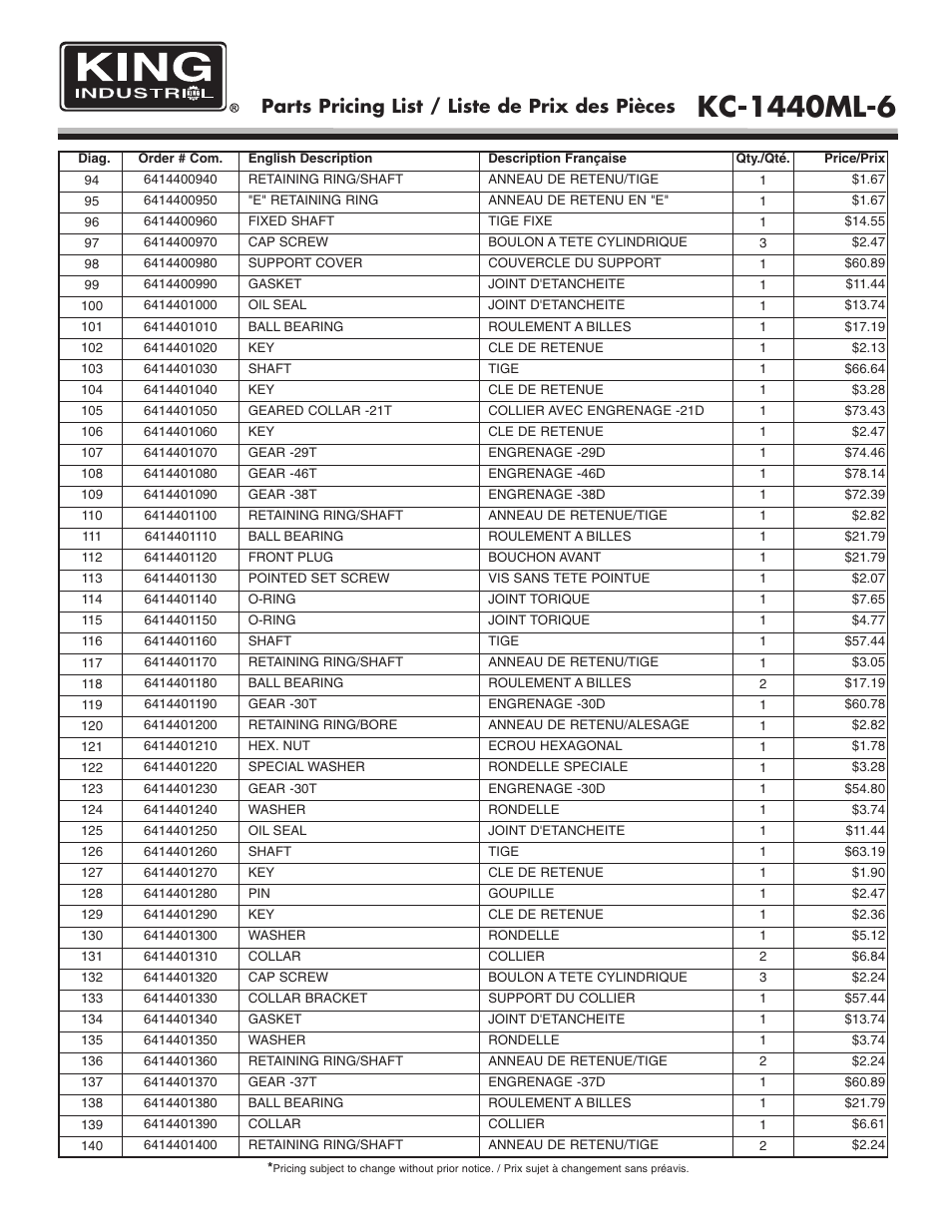 Parts pricing list / liste de prix des pièces | King Canada KC-1440ML-6 User Manual | Page 15 / 27