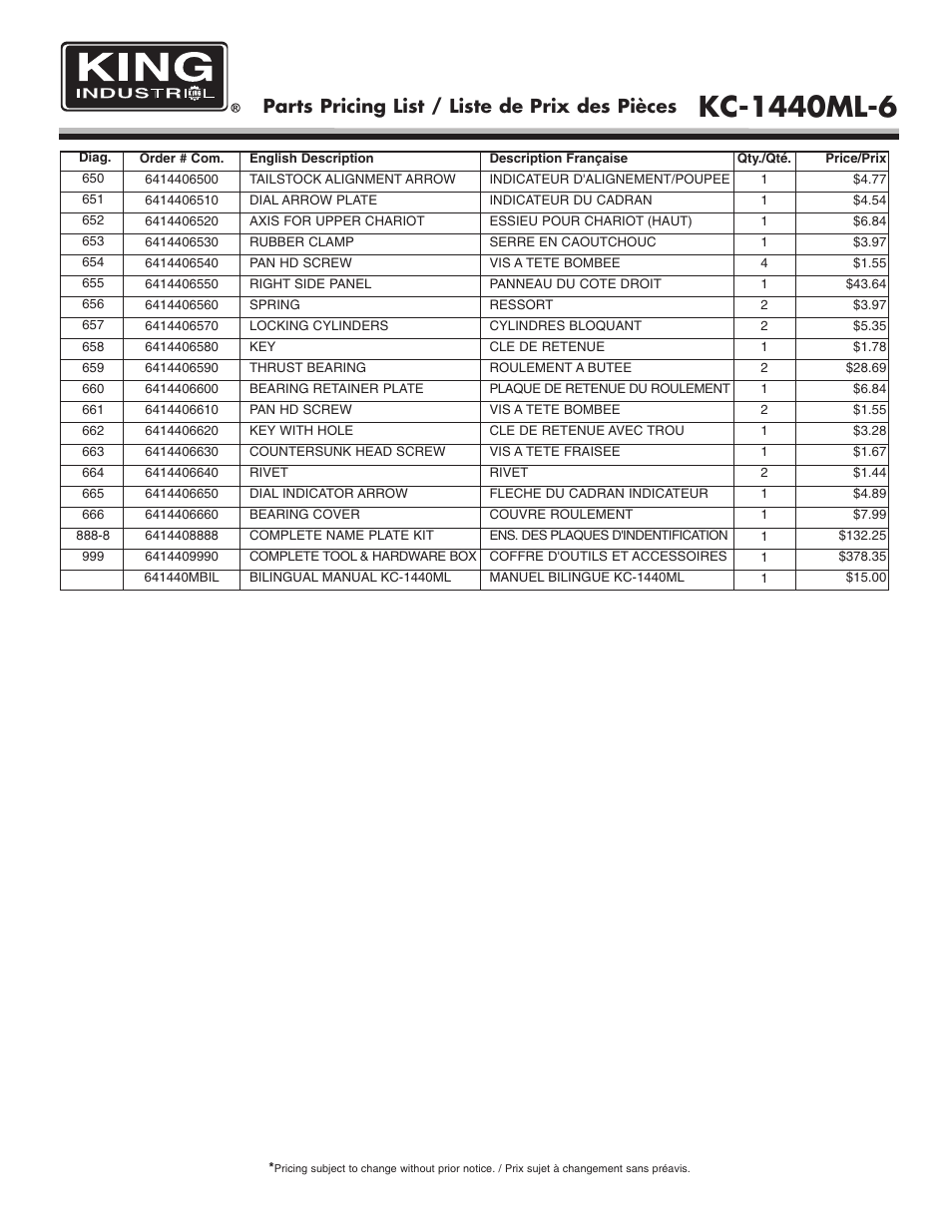 Parts pricing list / liste de prix des pièces | King Canada KC-1440ML-6 User Manual | Page 27 / 27
