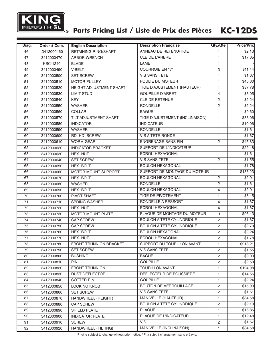 Kc-12ds, Parts pricing list / liste de prix des pièces | King Canada KC-12DS User Manual | Page 4 / 6