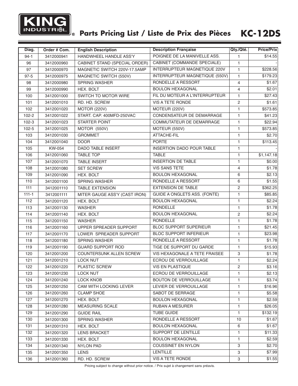 Kc-12ds, Parts pricing list / liste de prix des pièces | King Canada KC-12DS User Manual | Page 5 / 6