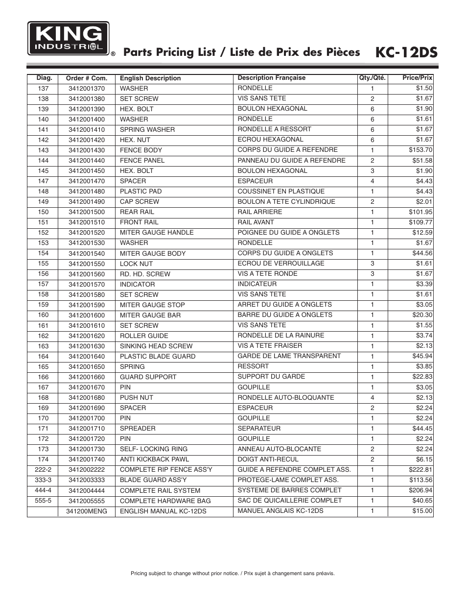 Kc-12ds, Parts pricing list / liste de prix des pièces | King Canada KC-12DS User Manual | Page 6 / 6