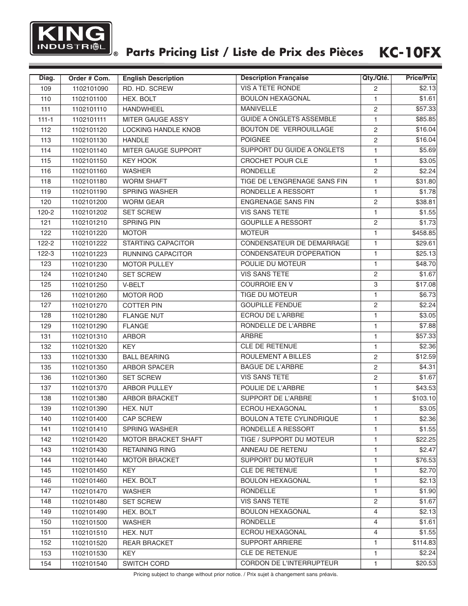 Kc-10fx, Parts pricing list / liste de prix des pièces | King Canada KC-10FX User Manual | Page 5 / 6