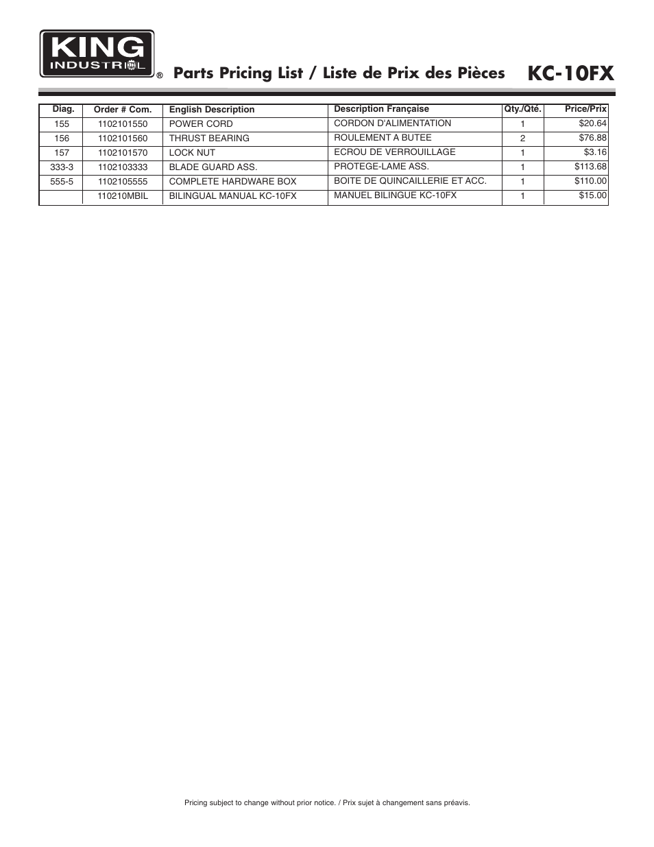 Kc-10fx, Parts pricing list / liste de prix des pièces | King Canada KC-10FX User Manual | Page 6 / 6