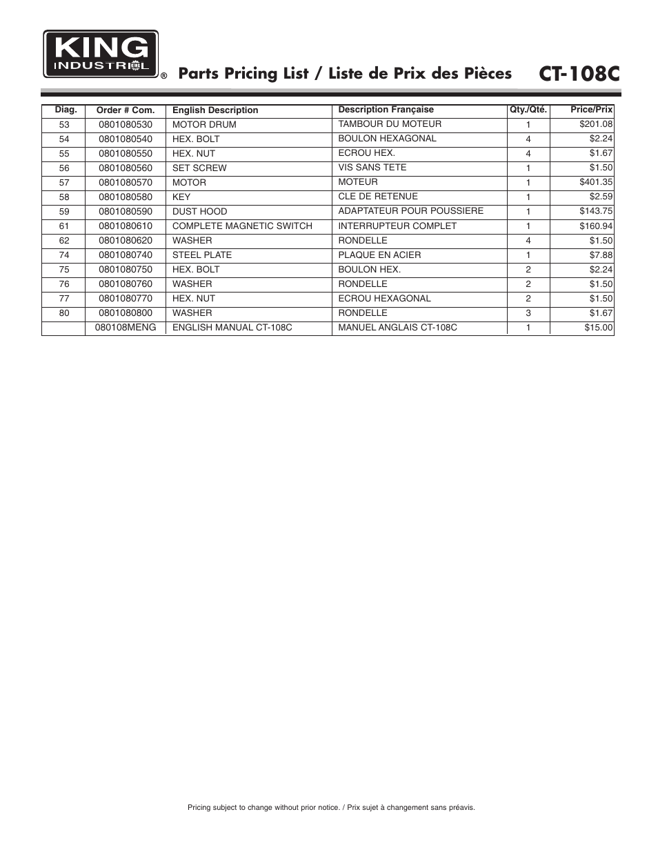 Ct-108c, Parts pricing list / liste de prix des pièces | King Canada CT-108C User Manual | Page 3 / 3